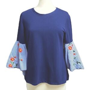 Camille & Co. Navy Embroidery Bell Sleeve Top